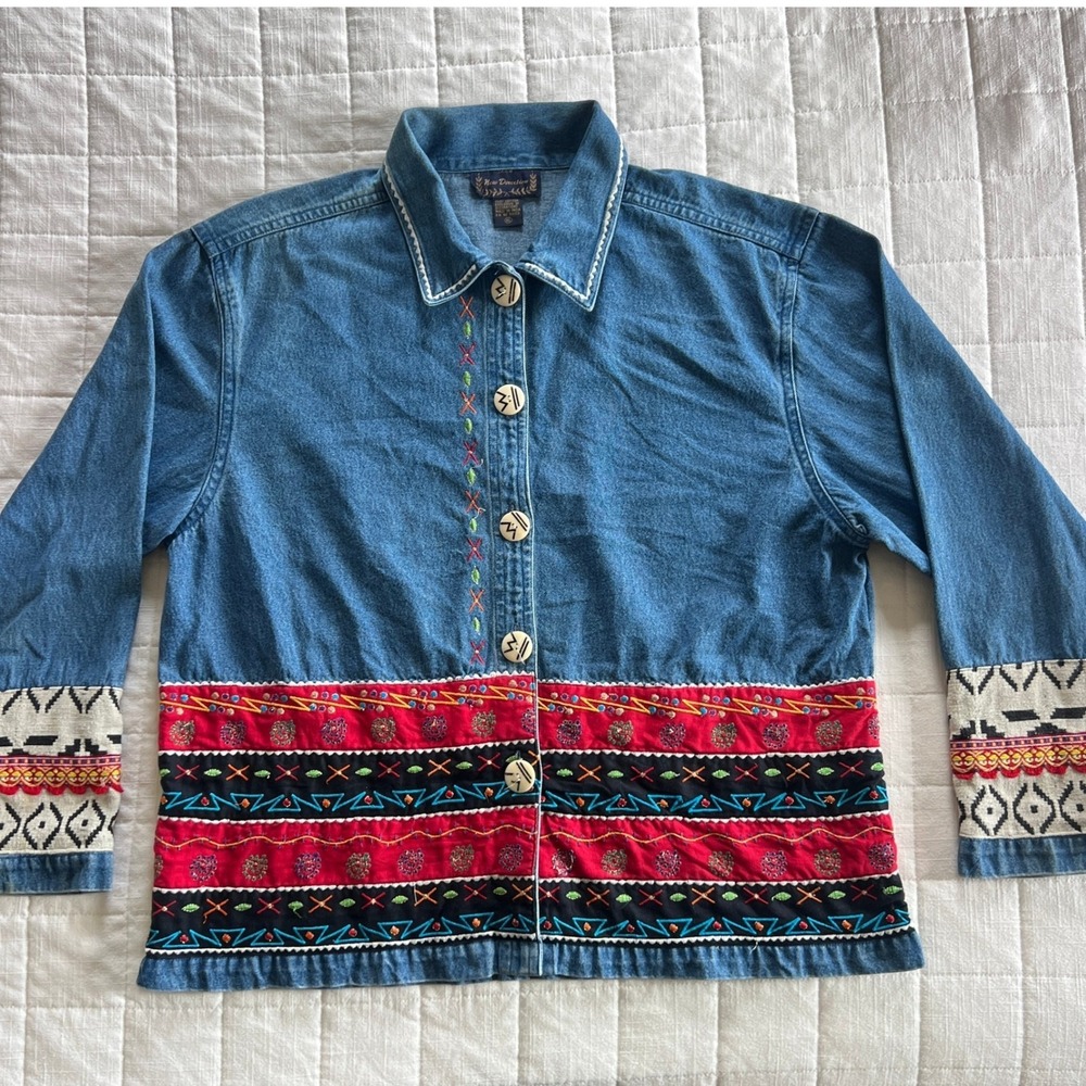 New Direction Denim Jacket Womens XL Blue Vintage Western Embroidered Cotton